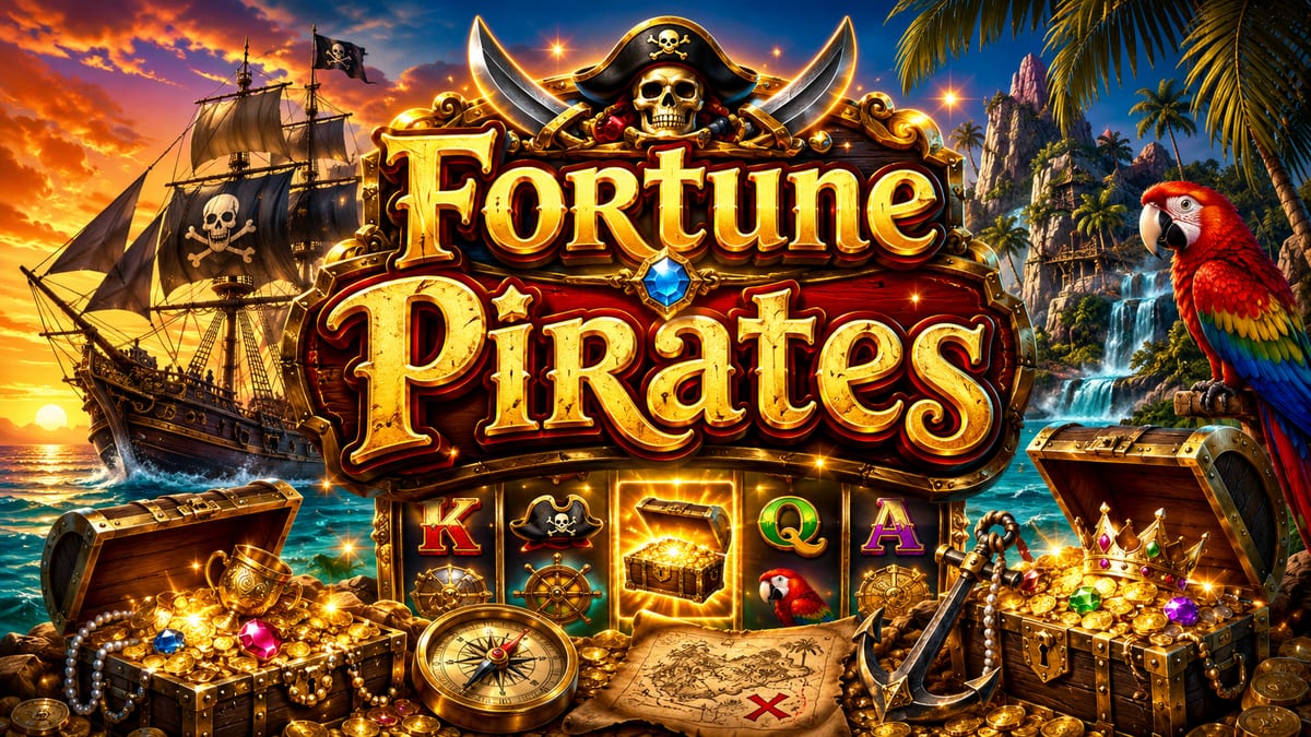 Treasure chest, pirate ship and a parrot at sunset - free pirate slot